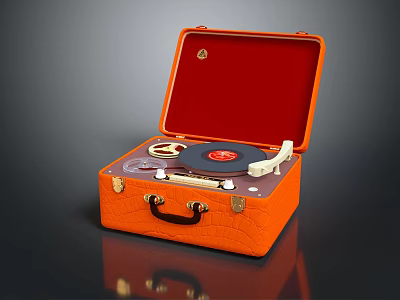 Orange Suitcase Portable Record Player With Red Interior Lining And Vinyl Record 3d model