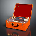 Orange Suitcase Portable Record Player With Red Interior Lining And Vinyl Record 3d model