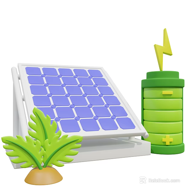 Solar Panel Setup With Green Battery And Leafy Plant For Renewable Power 3d model