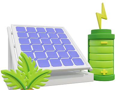 Solar Panel Setup With Green Battery And Leafy Plant For Renewable Power 3d model