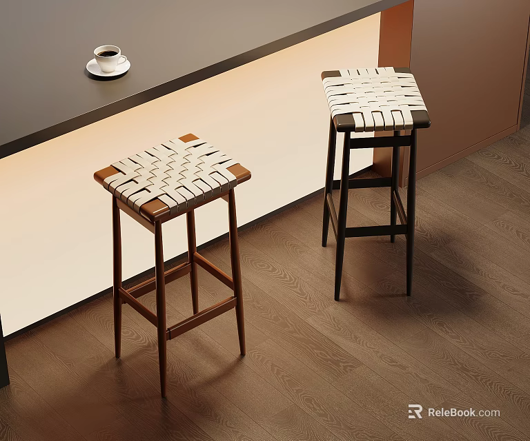 Stylish Woven Seat Bar Stools With Solid Wood Frame For Modern Home Kitchen Counter 3d model 