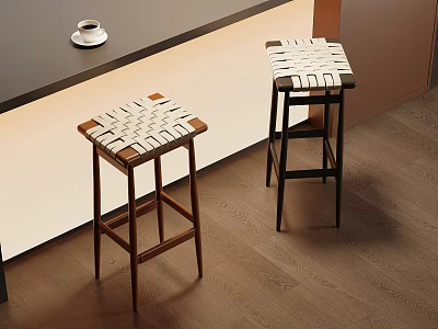 Stylish Woven Seat Bar Stools With Solid Wood Frame For Modern Home Kitchen Counter 3d model