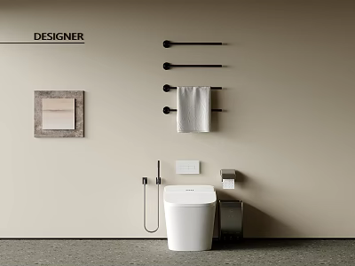 Modern White Toilet with Wall mounted Towel Racks Toilet Paper Holder Wall Art and Beige Wall 3d model