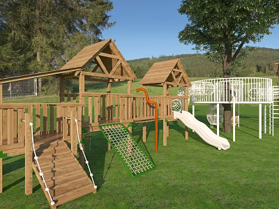 Wooden Outdoor Playground Equipment With Slide Climbing Net And Swing Set In Grass Area With Trees 3d model