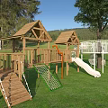 Wooden Outdoor Playground Equipment With Slide Climbing Net And Swing Set In Grass Area With Trees