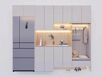 Modern Sideboard Design With Storage Cabinets Fridge Lighting Decorative Hangers And Seating Bench 3d model