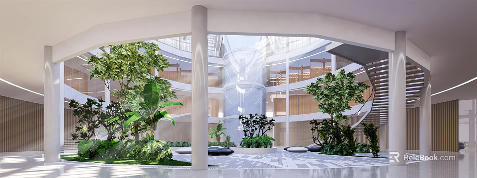 Cultural Center Interior With Atrium Greenery Columns Multiple Floors Balconies And Natural Light 3d model 
