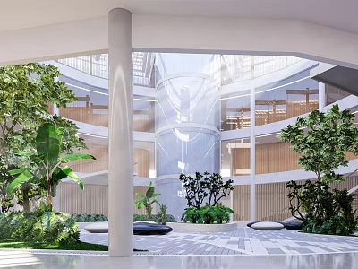Cultural Center Interior With Atrium Greenery Columns Multiple Floors Balconies And Natural Light 3d model