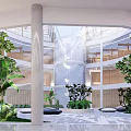Cultural Center Interior With Atrium Greenery Columns Multiple Floors Balconies And Natural Light
