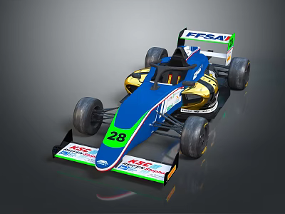 High Performance Blue And Yellow Formula Racing Car With Number 28 And FSAE KSA Logos 3d model