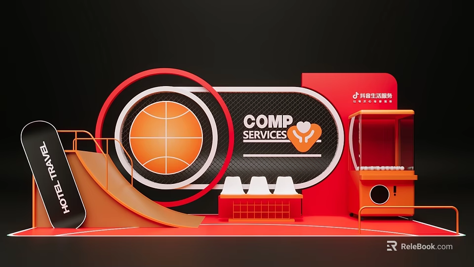 Vibrant Photo Spot With Basketball Element Red Background Skateboard Ramp And Claw Machine 3d model 