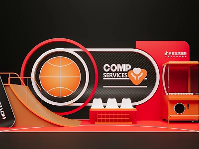 Vibrant Photo Spot With Basketball Element Red Background Skateboard Ramp And Claw Machine 3d model