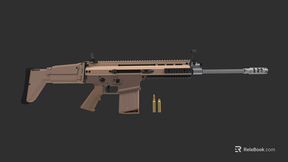 Modern Brown Tactical Rifle With Magazine And Bullets On Dark Background 3d model 