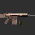 Modern Brown Tactical Rifle With Magazine And Bullets On Dark Background