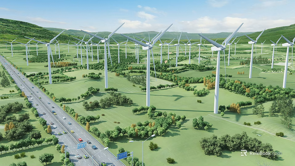 Wind Turbines in Green Landscape With Surrounding Trees Highway and Mountainous Background 3d model 