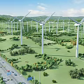 Wind Turbines in Green Landscape With Surrounding Trees Highway and Mountainous Background