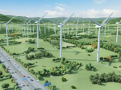 Wind Turbines in Green Landscape With Surrounding Trees Highway and Mountainous Background 3d model