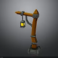 3D Model of Wooden Street Lamp With Orange Pole Metal Brackets and Yellow Lantern