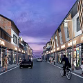 Vibrant Commercial Street With Shops Pedestrians Cars Cyclists And Diverse Styled Buildings Under Blue Sky 3d model