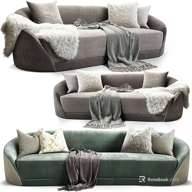 Gray and Green Upholstered Sectional Sofa with Plush Pillows and Cozy Blankets 3d model 