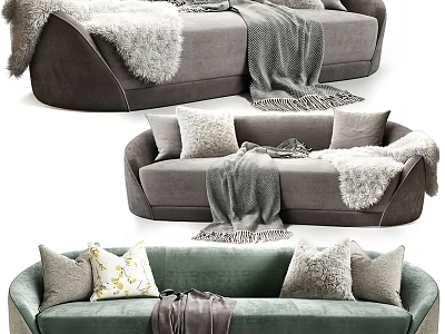 Gray and Green Upholstered Sectional Sofa with Plush Pillows and Cozy Blankets 3d model