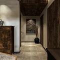 Natural Style Living Space With Wooden Ceiling Beams Fireplace Bamboo Blinds And Decorative Art
