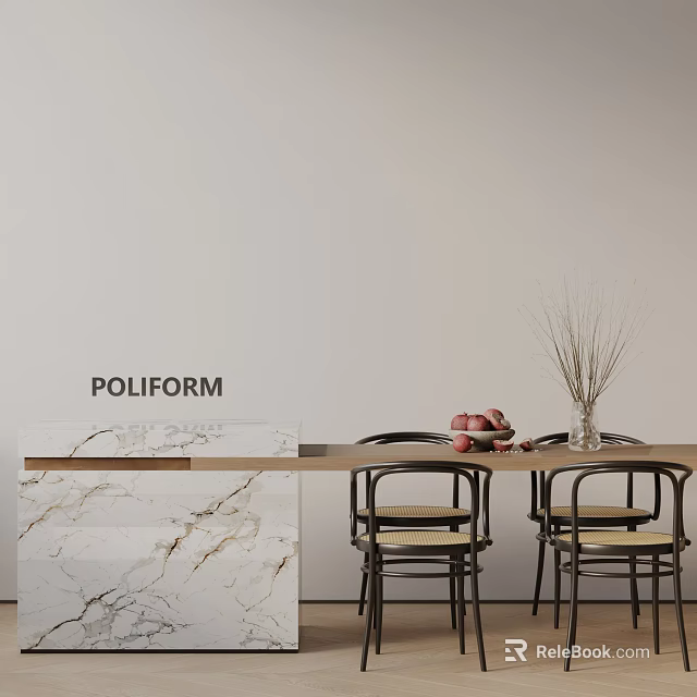 Poliform Dining Table Set with Marble Top Chairs Woven Seats Red Apples Dried Plant Vase 3d model 