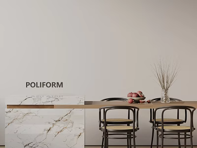 Poliform Dining Table Set with Marble Top Chairs Woven Seats Red Apples Dried Plant Vase 3d model