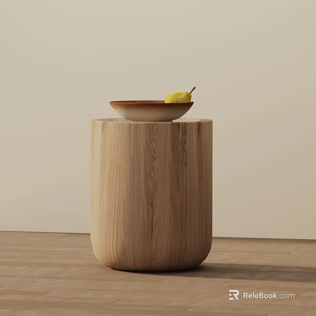 Minimalist Wooden Cylindrical Side Table With Bowl And Pear On Top 3d model 