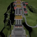 Traditional Ancient Chinese Architecture Complex with Yellow Roofs Red Walls and Green Grass Pathways