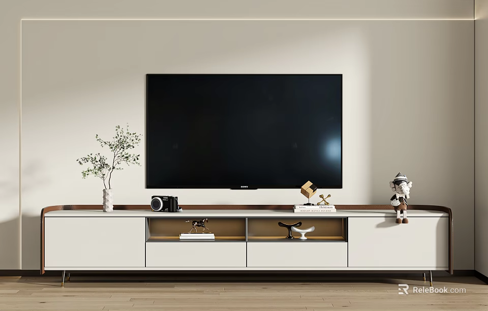 Modern Minimalist TV Stand With Flat Screen TV Decorative Vase Camera And Ornaments 3d model 