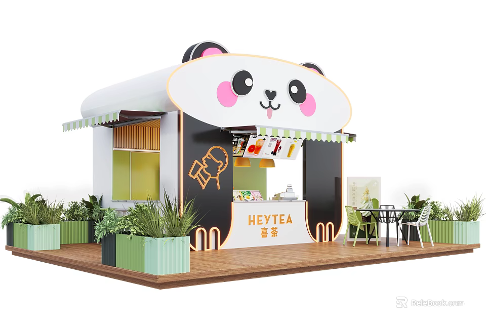 Cute Panda Head Roof HEYTEA Milk Tea Shop With Green Plants And Outdoor Seating 3d model 