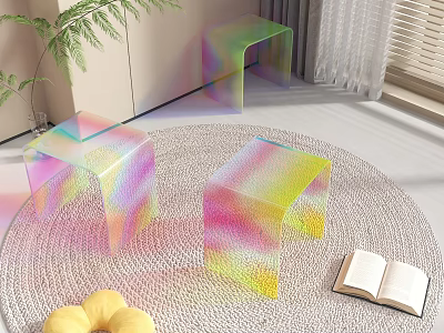 Modern Iridescent Transparent Stools in Living Room with Round Rug and Open Book 3d model