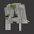 Irregular Stone Architectural Structure With Central Doorway Green Vines And Potted Plants