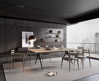 Modern Light Wood Dining Table Set With Floor Lamp Bookshelf Large Window Mountain View 3d model