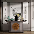 Chinese Style Console Table Decor With Calligraphy Scrolls And Ceramic Vases 3d model