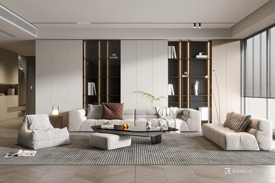 Modern Living Room Interior Design With Gray Sofa Coffee Table And Bookshelves 3d model 