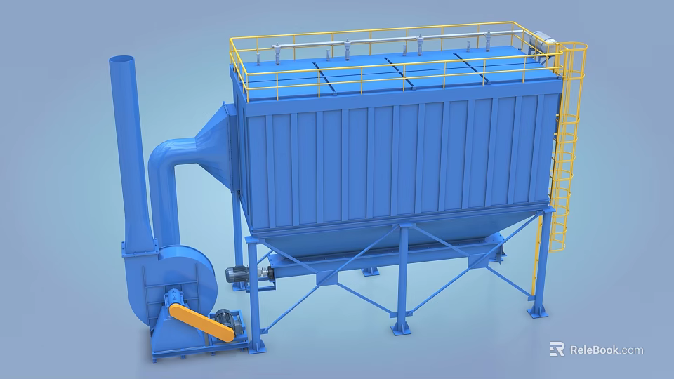 Blue Industrial Baghouse Dust Collector With Yellow Safety Railings And Fan Unit 3d model 