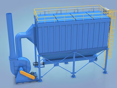 Blue Industrial Baghouse Dust Collector With Yellow Safety Railings And Fan Unit 3d model