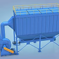Blue Industrial Baghouse Dust Collector With Yellow Safety Railings And Fan Unit