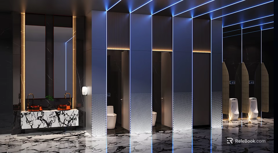 Elegant Modern Hotel Bathroom With Stall Toilets Marble Flooring And Ambient Lighting 3d model 