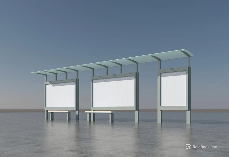 Bus Stop Structure With Three White Billboards Transparent Glass Roof And Bench 3d model 