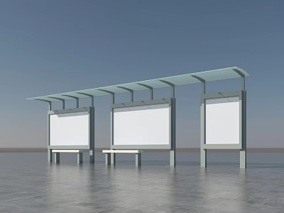 Bus Stop Structure With Three White Billboards Transparent Glass Roof And Bench 3d model