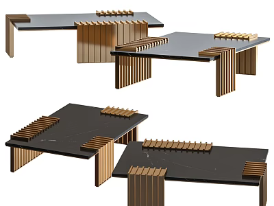 Modern Coffee Table Collection With Wooden Striped Legs And Black Surface Designs 3d model
