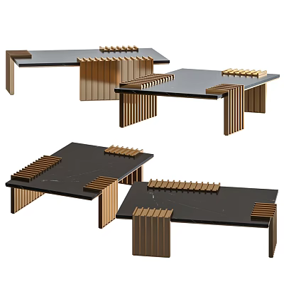 Modern Coffee Table Collection With Wooden Striped Legs And Black Surface Designs 3d model