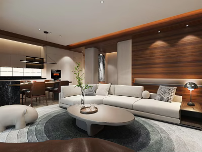 Modern Living Room Interior With White Sofa Round Coffee Table Area Rug And Decorative Plant 3d model