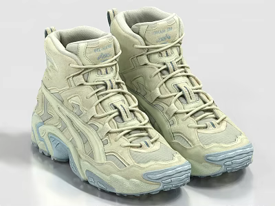 High Top Beige Sporty Shoes with Lace Up Design and Textured Soles 3d model