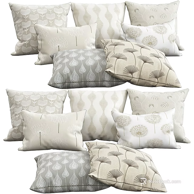 Modern Decorative Pillows With Various Dandelion Patterns In Neutral Beige Grey Tones 3d model 