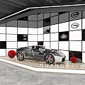 Modern Exhibition Event Gateway with Car Model Tire Display and Grid Wall Design