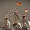 Ancient Wooden Sailing Ship With Multiple Masts White Sails And Flags